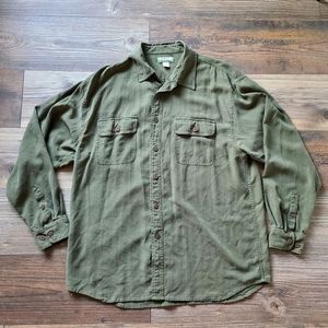 Tommy Bahama 100% Silk Army Green Button Front Long Sleeve Shirt Mens XL FLAW